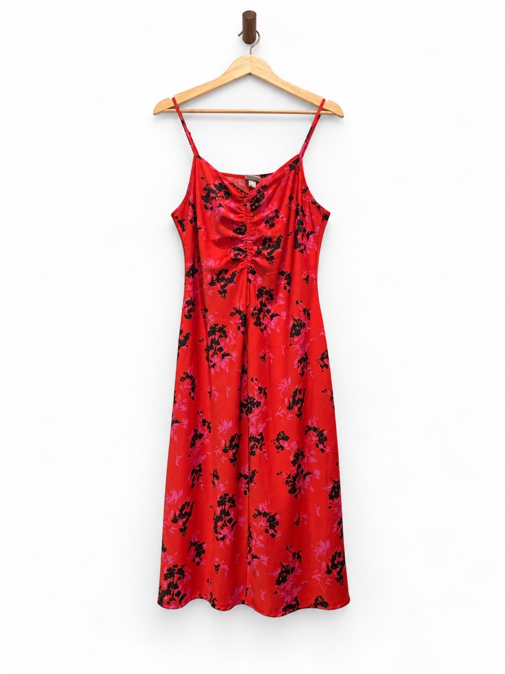 A New Day Red Pink Black Floral Ruched Midi Dress XL
